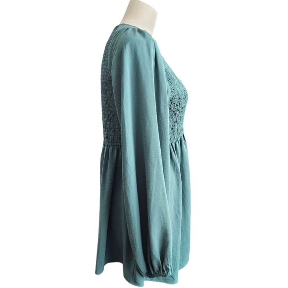 Jodifl Long Sleeve Teal V-Neck Mini Dress Size Large NWT Milkmaid Coquette - Picture 2 of 8